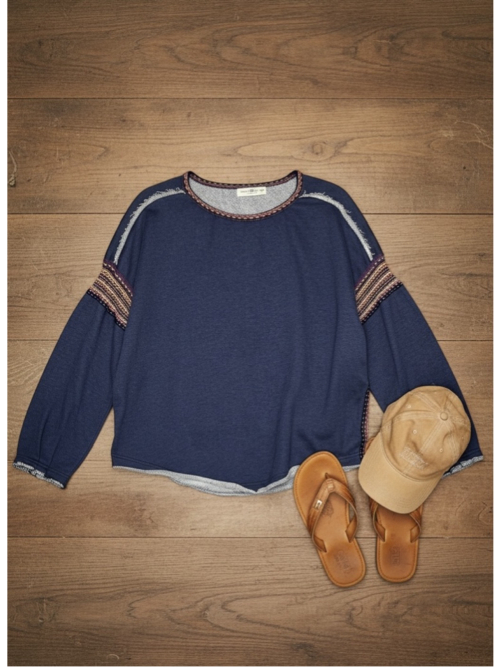 Natural Life Boho Knit Top S/M Blue Relaxed Embroidered